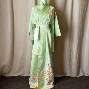 Hand Painted‎ Silk Kimono Mint Green Peony Uchikake Long 63" OS